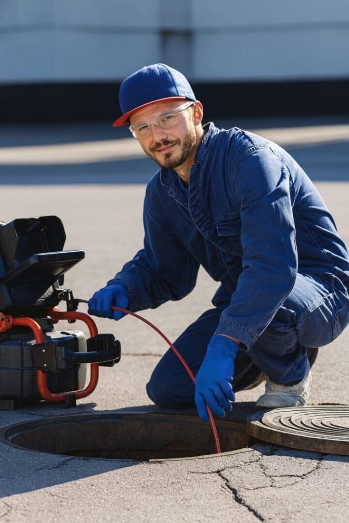 Technicien effectuant une inspection caméra de canalisation en extérieur – Essonne 91