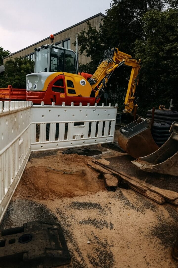 Pelleteuse jaune en intervention pour travaux de raccordement égout Essonne