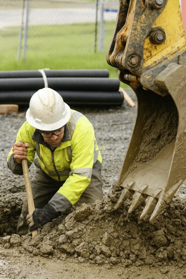 Technicien assainissement creusant une tranchée pour raccordement égout Essonne (91)