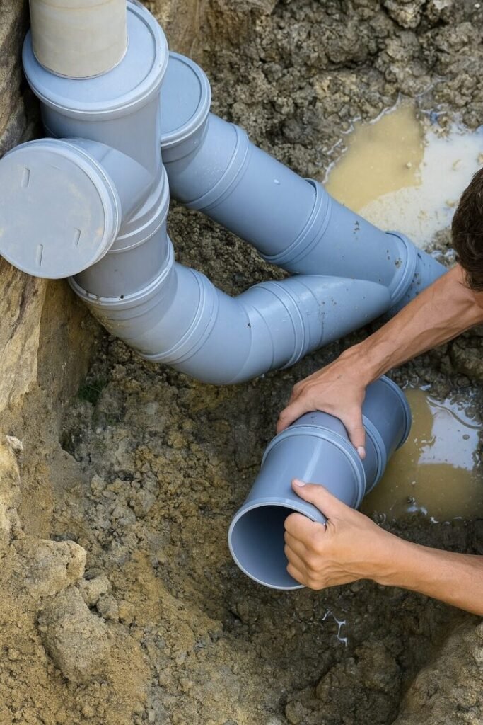 Raccordement égout Essonne avec pose de canalisations PVC dans une tranchée