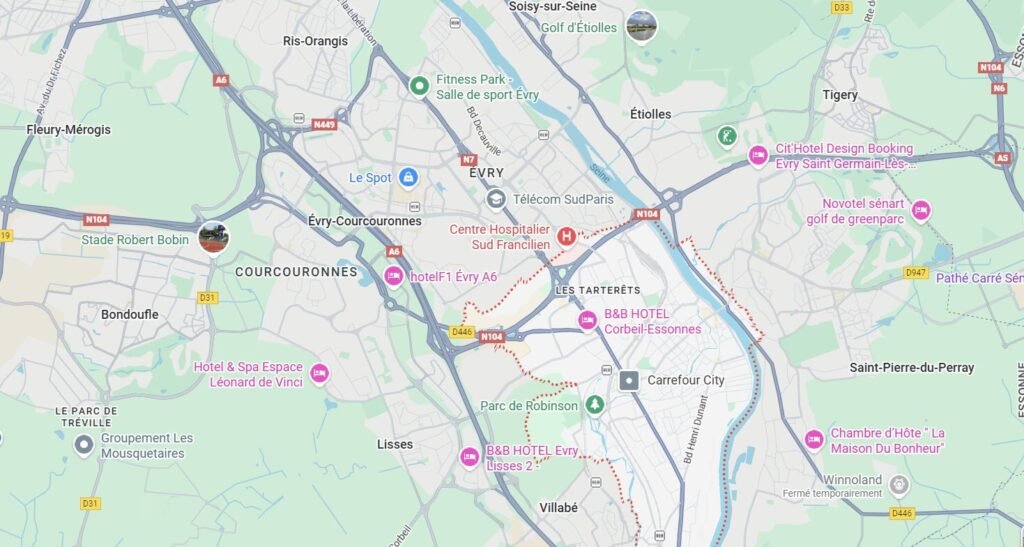 Plan de Corbeil-Essonnes montrant la localisation et les accès principaux