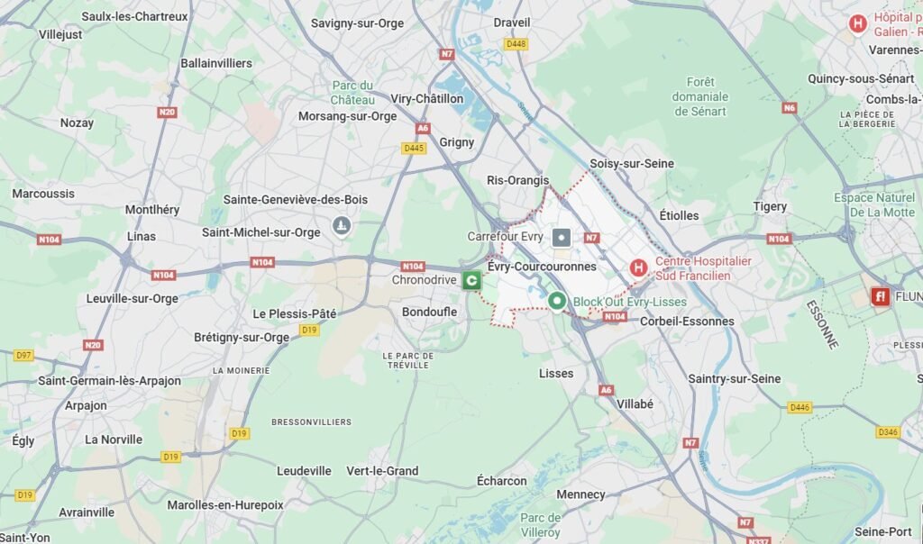 Carte Google Maps localisant un service d’assainissement en Essonne