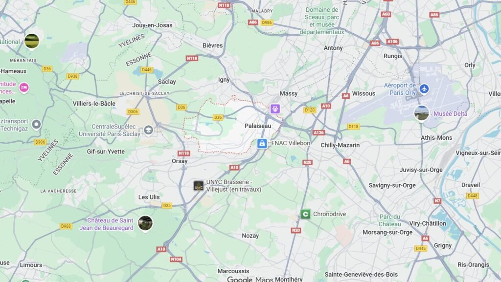 Carte Google Maps montrant la localisation de Palaiseau (91120) pour l’assainissement